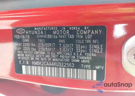 2019 Hyundai Kona Sel from USA, damaged, VIN KM8K2CAA4KU322563